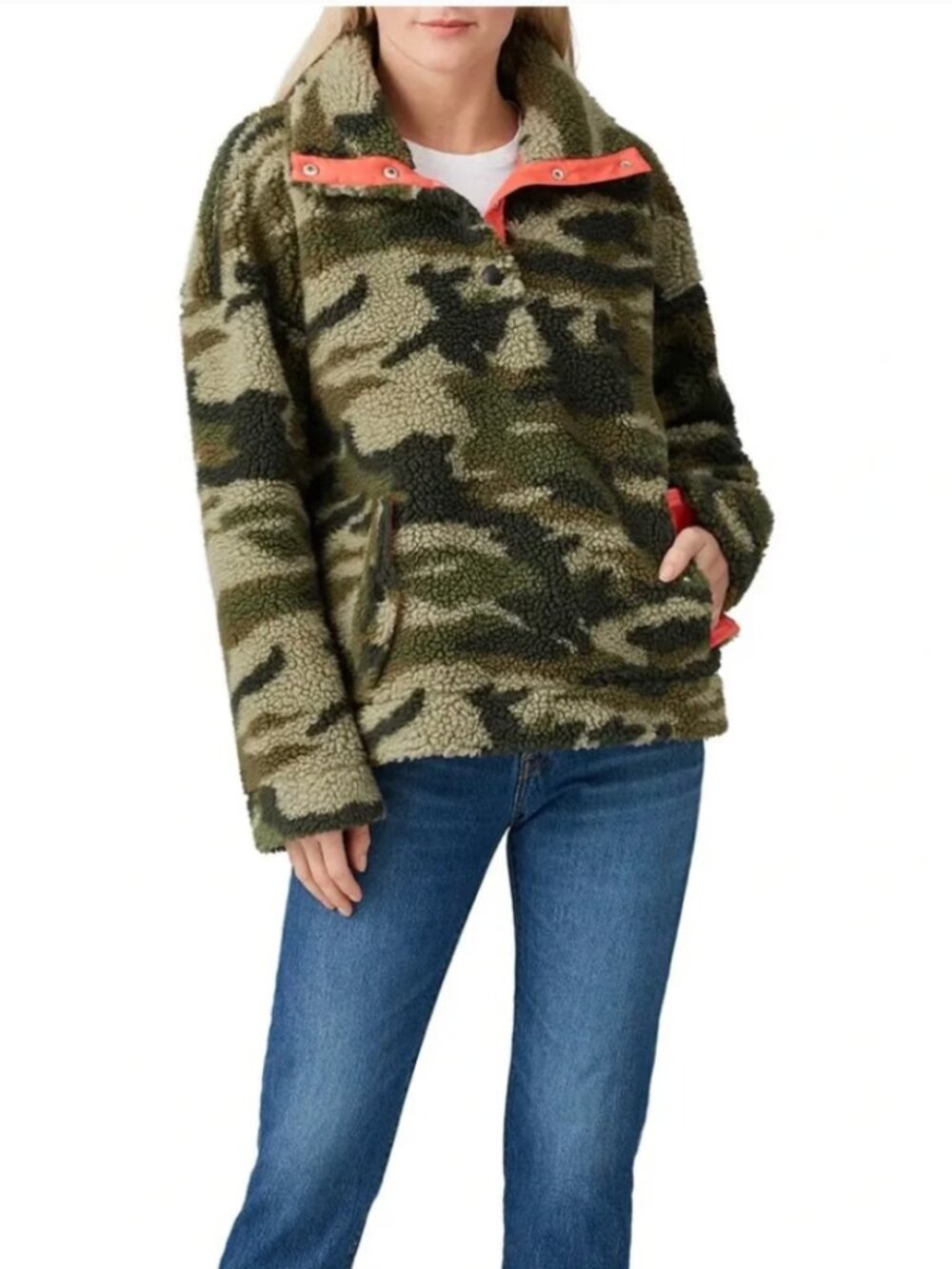 Soft vintage fleece body. Sherpa lining at collar. Camo pattern with neon orange
